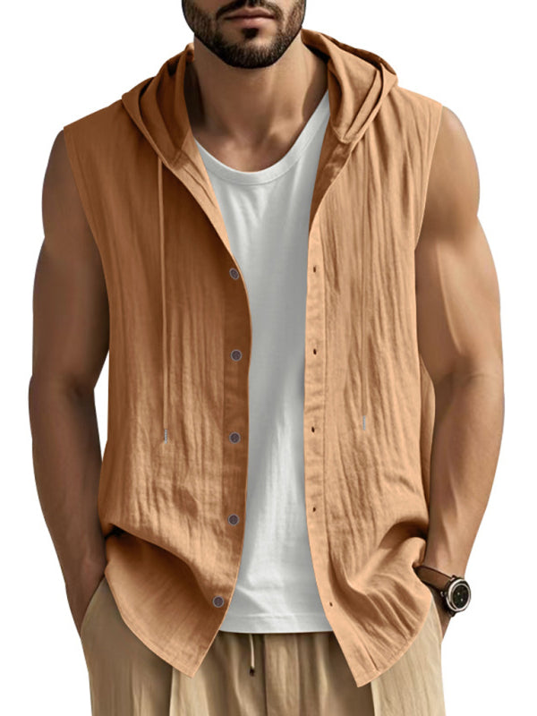 Men's Casual Sleeveless Waistcoat Shirt Linen Hooded Solid Color Breathable Loose Top