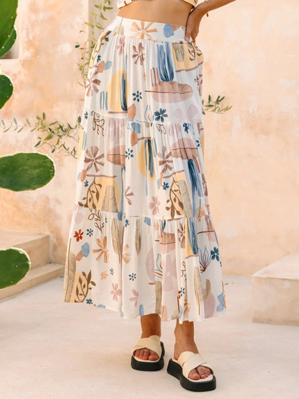 New White Plant Print Bohemian Holiday Beach Skirt