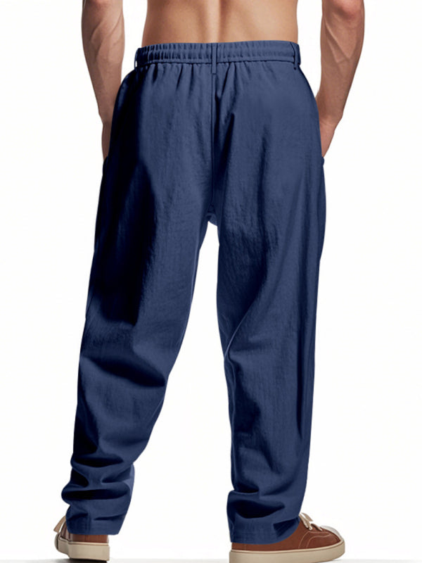 Men's navy blue breathable linen loose casual trousers