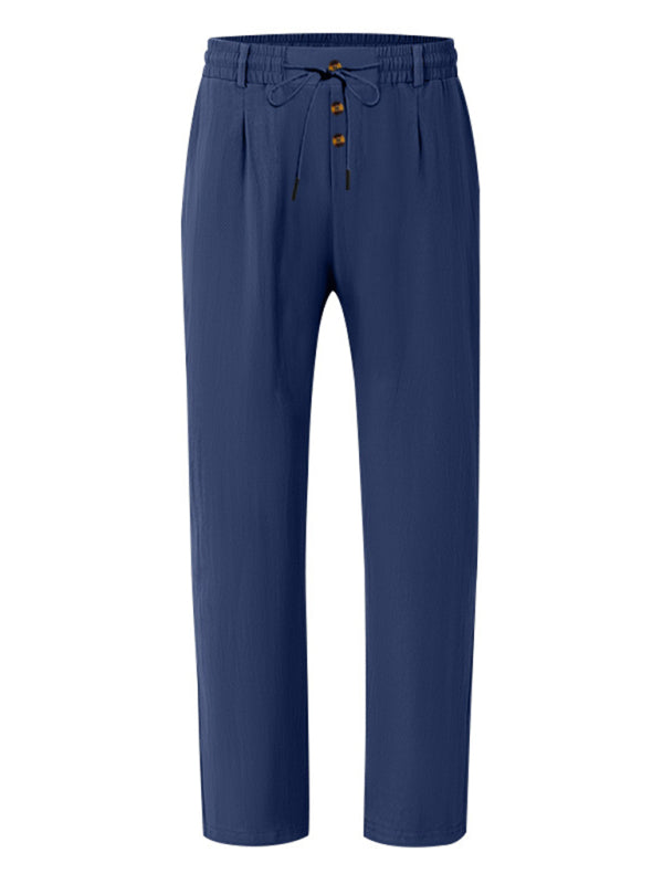 Men's navy blue breathable linen loose casual trousers