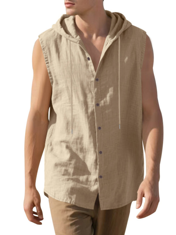 Men's Casual Sleeveless Waistcoat Shirt Linen Hooded Solid Color Breathable Loose Top
