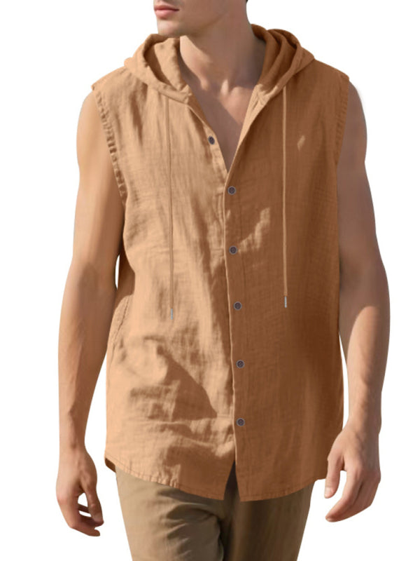 Men's Casual Sleeveless Waistcoat Shirt Linen Hooded Solid Color Breathable Loose Top