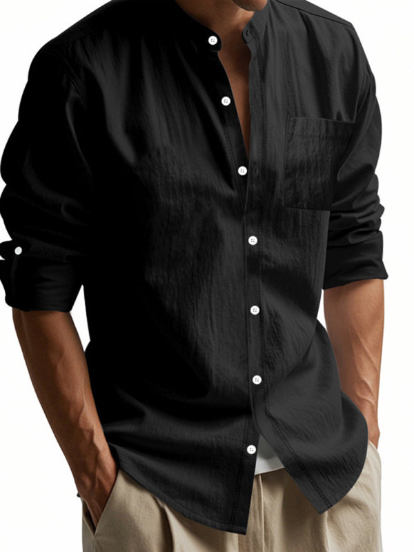 Linen long-sleeved stand-up collar breathable casual men's shirt