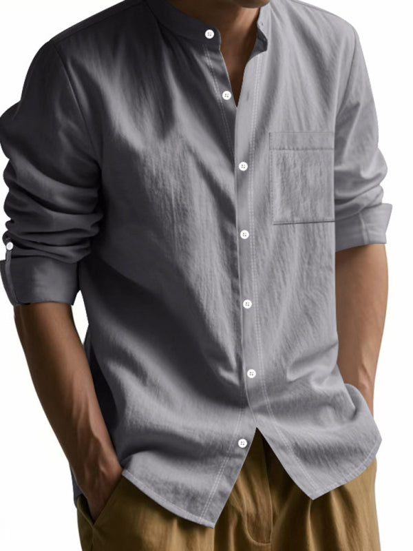 Linen long-sleeved stand-up collar breathable casual men's shirt