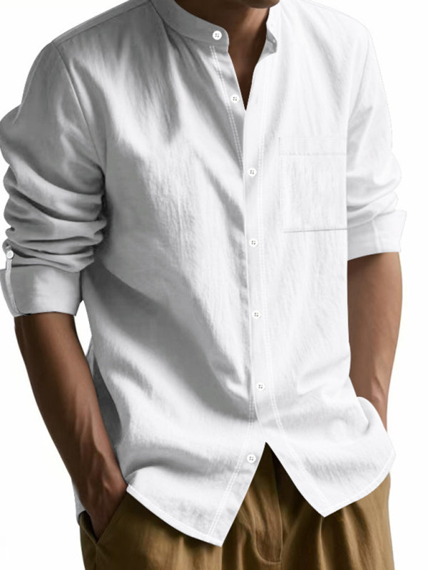 Linen long-sleeved stand-up collar breathable casual men's shirt