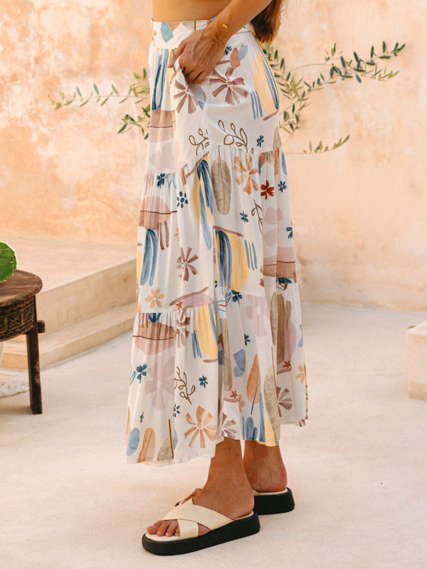 New White Plant Print Bohemian Holiday Beach Skirt