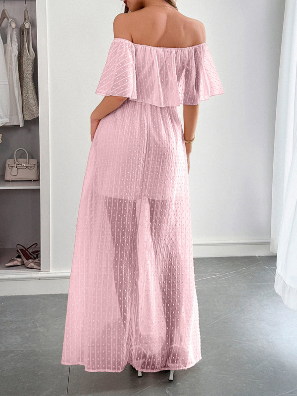 Elegant Strapless Waisted Short Sleeve Long Dress