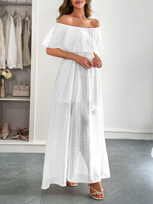 Elegant Strapless Waisted Short Sleeve Long Dress