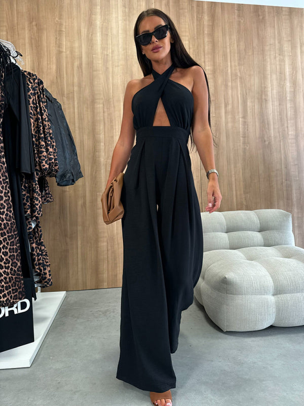 Solid color sleeveless off-shoulder sexy halter neck waist jumpsuit