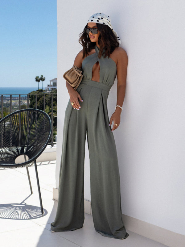 Solid color sleeveless off-shoulder sexy halter neck waist jumpsuit