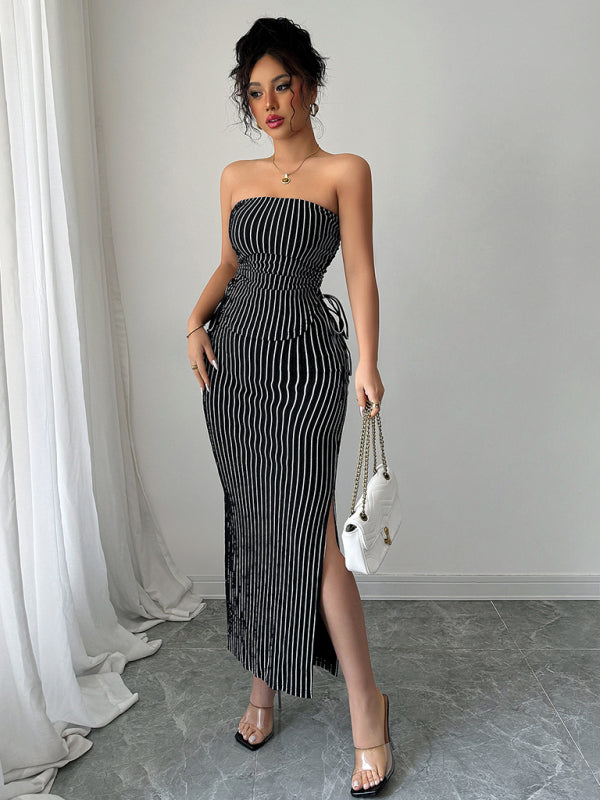 Elegant striped strappy tube top hip skirt suit
