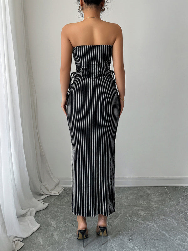 Elegant striped strappy tube top hip skirt suit