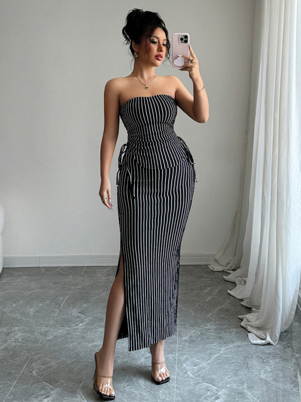 Elegant striped strappy tube top hip skirt suit