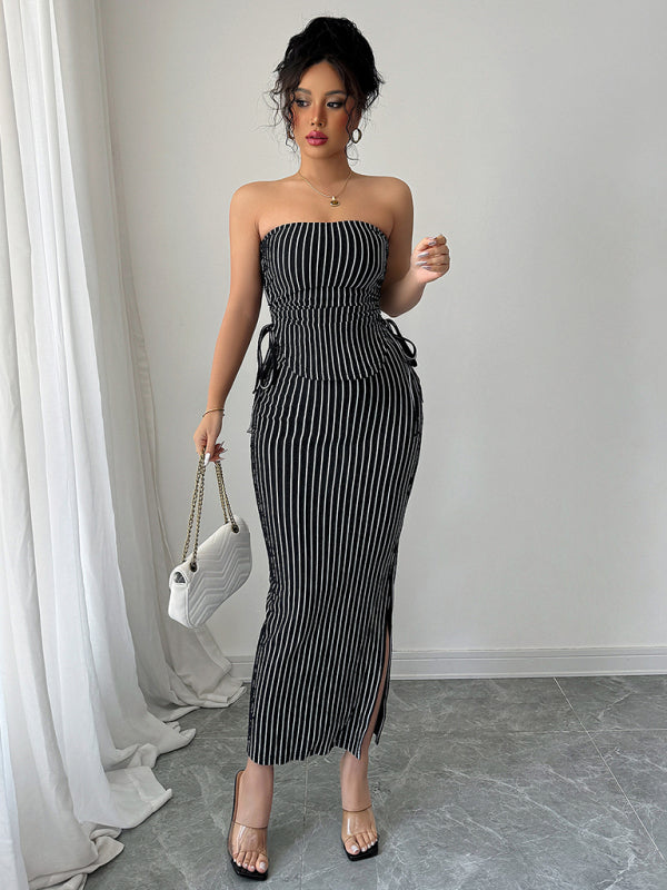 Elegant striped strappy tube top hip skirt suit