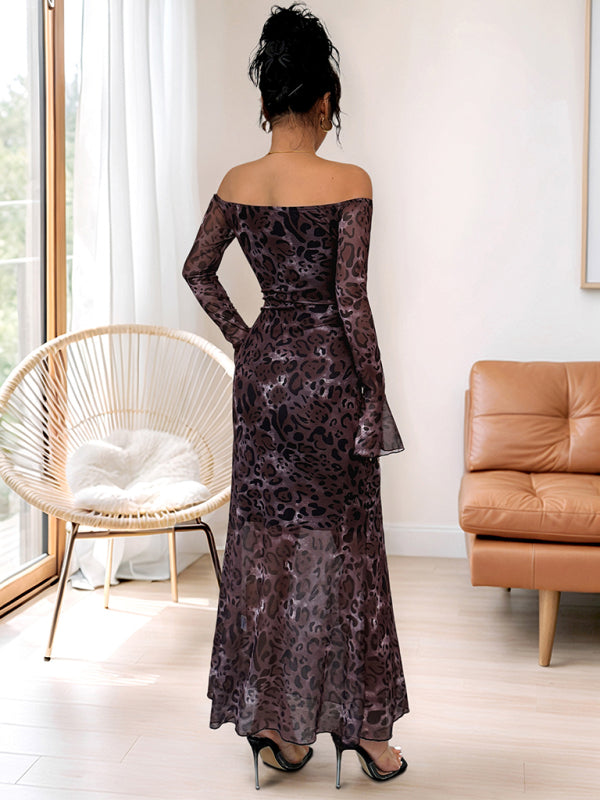 New Party Elegant Retro Style Off-shoulder Long Sleeve Mesh Leopard Print Dress