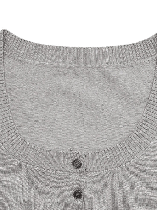 Casual round neck short belly-exposed knitted long-sleeved top + short skirt two-piece set