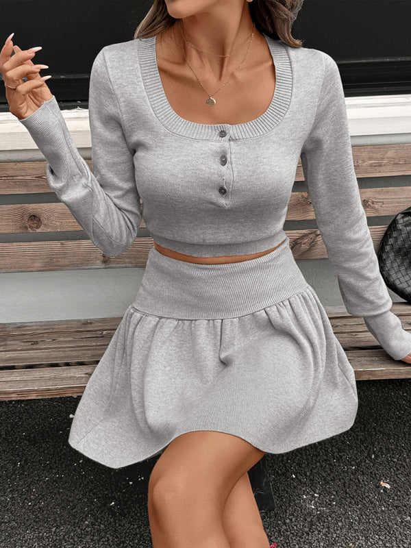Casual round neck short belly-exposed knitted long-sleeved top + short skirt two-piece set