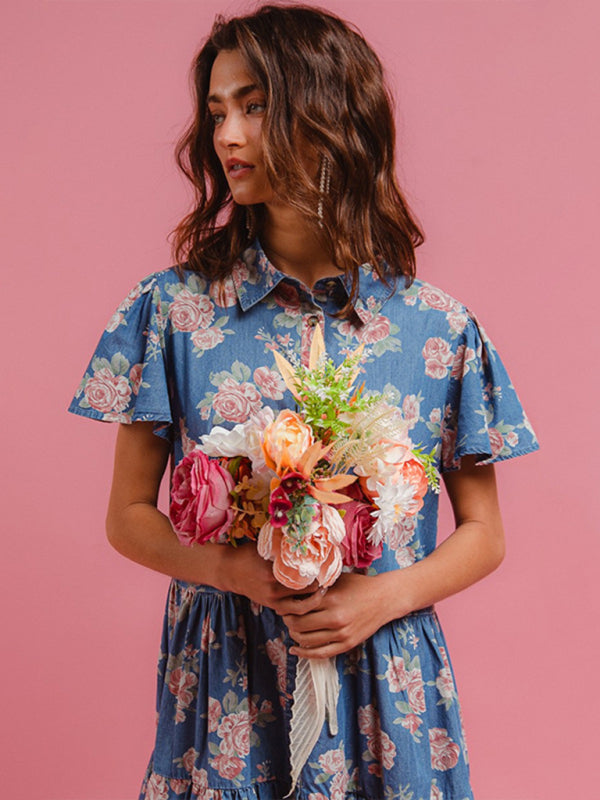 Blue Floral Print Denim A-Line Lapel Shirt Dress