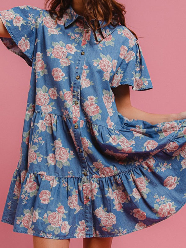 Blue Floral Print Denim A-Line Lapel Shirt Dress